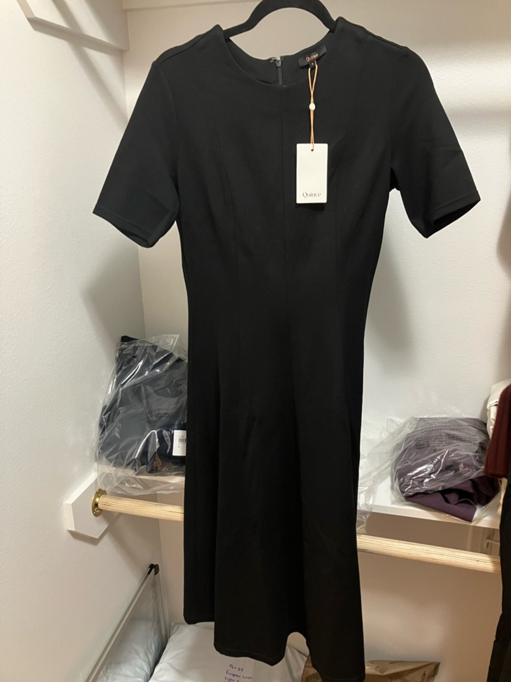 Quince Black Short-Sleeve Midi Dress — Sleek A-Line Small NWT